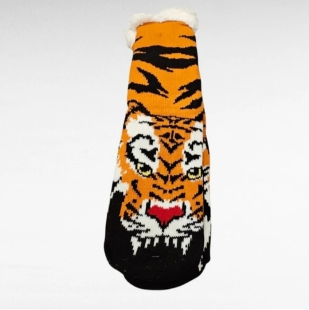 Tiger Sherpa Lined Slipper Socks Non Skid One Size